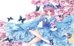  1girll butterfly fred0092 highres japanese_clothes pink_eyes pink_hair saigyouji_yuyuko sandals short_eyes sleeves_past_wrists solo touhou 