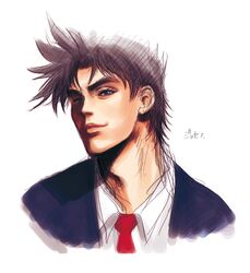  1boy blue_eyes brown_hair bust formal jojo_no_kimyou_na_bouken joseph_joestar_(young) kurenai_karasu necktie realistic smile solo suit 