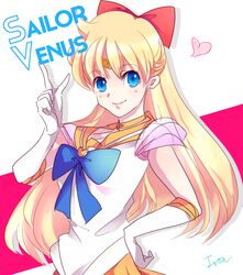  1girl aino_minako bishoujo_senshi_sailor_moon blonde_hair blue_eyes bow character_name choker earrings elbow_gloves gloves hair_bow half_updo hand_on_hip heart i-ron jewelry long_hair looking_at_viewer magical_girl sailor_venus solo super_sailor_venus tiara 