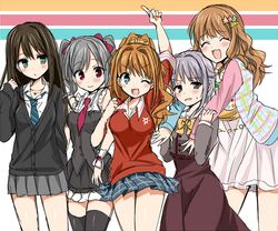  5girls ;d black_legwear blush breasts brown_hair cardigan closed_eyes green_eyes grey_hair hair_ornament hairclip hino_akane_(idolmaster) jewelry kanzaki_ranko koshimizu_sachiko long_hair moroboshi_kirari multiple_girls necklace necktie norio_kkk open_mouth ponytail purple_hair red_eyes school_uniform shibuya_rin short_hair skirt smile thigh-highs twintails wink 