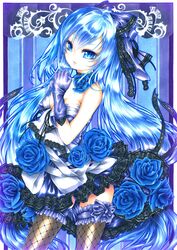  1girl blue_eyes blue_hair choker dress elbow_gloves fishnet_legwear fishnets gloves hatsune_miku highres long_hair solo thigh-highs very_long_hair vocaloid yamin 