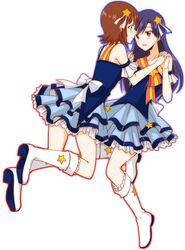  2girls amami_haruka aqua_eyes blue_hair boots brown_eyes brown_hair hair_ornament hinaganon holding_hands idolmaster kisaragi_chihaya multiple_girls ribbon star 