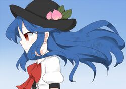  1girl blue_hair bow food fruit hat hinanawi_tenshi long_hair monako_(uma_speech) peach profile puffy_short_sleeves puffy_sleeves red_eyes serious short_sleeves sky solo touhou 