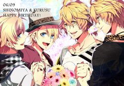  birthday blonde_hair blue_eyes bouquet dual_persona english flower glasses green_eyes happy_birthday hat kurusu_kaoru kurusu_shou male multiple_boys open_mouth shinomiya_natsuki shinomiya_satsuki short_hair siblings smile twins uta_no_prince-sama 