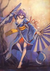  1girl aako barefoot breasts cleavage dual_wielding fan feet folding_fan highres japanese_clothes no_hat no_headwear purple_hair ribbon saigyouji_yuyuko short_hair smile solo touhou violet_eyes 