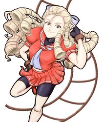  1girl antenna_hair bike_shorts blonde_hair brown_eyes fingerless_gloves gloves josei_(kokochiyoihagotae) kanzuki_karin long_hair ringlets school_uniform serafuku shorts_under_skirt skirt street_fighter street_fighter_zero street_fighter_zero_3 