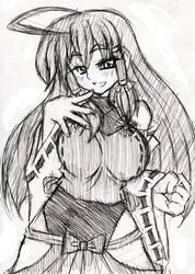  1girl ahoge bare_shoulders black_hair breasts clenched_hand detached_sleeves hakama hakurei_miko highres huge_ahoge izayoi_gekka japanese_clothes large_breasts leotard long_hair m.u.g.e.n monochrome nontraditional_miko original sketch smile solo touhou wide_sleeves 