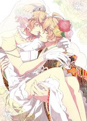  2boys blonde_hair carrying closed_eyes crossdressing dress dual_persona flower glasses gloves green_eyes japanese_clothes jewelry male multiple_boys open_mouth princess_carry ring shinomiya_natsuki shinomiya_satsuki smile uta_no_prince-sama wedding wedding_dress yaoi 