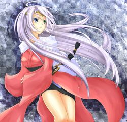 1girl blue_eyes character_request checkered checkered_background green_eyes highres long_hair purple_hair shintani_tsushiya solo very_long_hair yuu-gi-ou 