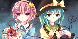  2girls aqua_eyes aqua_hair broken_heart bust covering_eyes eyeball hairband hat heart heart-shaped_pupils heart_of_string komeiji_koishi komeiji_satori lilith_(lilithchan) multiple_girls pink_eyes pink_hair short_hair siblings sisters smile symbol-shaped_pupils third_eye touhou 
