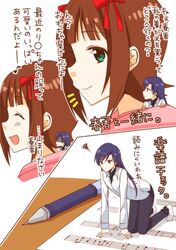  2girls amami_haruka aqua_eyes blue_hair brown_eyes brown_hair hair_ribbon hinaganon idolmaster kisaragi_chihaya minigirl multiple_girls musical_note pen ribbon sweatdrop translated 