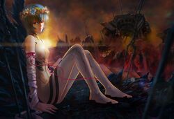  1girl ayanami_rei bandages blue_hair head_wreath heiyuen highres neon_genesis_evangelion plugsuit red_eyes red_ribbon ribbon ruins short_hair sitting solo 