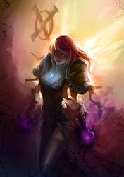  1girl absurdres blue_eyes crystal gauntlets hellsing7 highres lips long_hair orange_hair solo standing warcraft wings world_of_warcraft 