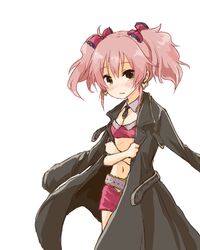  1girl belt blush earrings idolmaster idolmaster_cinderella_girls jewelry jougasaki_mika midriff mugi_(banban53) navel pink_hair skirt solo trench_coat twintails yellow_eyes 