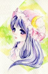  1girl colored_eyelashes crescent_moon graphite_(medium) hat highres moon orukappa0711 patchouli_knowledge purple_hair solo touhou traditional_media violet_eyes watercolor_(medium) 