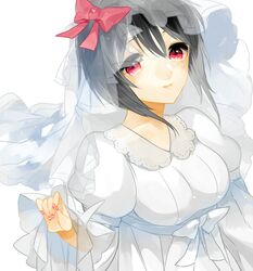  1girl black_hair bow dress idolmaster idolmaster_cinderella_girls kohinata_miho monmonji nail_polish red_eyes short_hair smile solo veil white_dress 