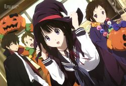  2boys 2girls absurdres black_hair brown_eyes brown_hair cape chitanda_eru detexted fukube_satoshi green_eyes hair_ribbon hat highres hyouka ibara_mayaka jack-o'-lantern megami multiple_boys multiple_girls official_art open_mouth oreki_houtarou pink_eyes ribbon school_uniform serafuku short_hair smile twintails violet_eyes witch_hat 