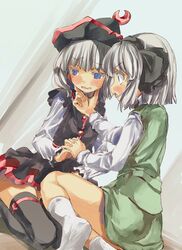  2girls alternate_hair_color black_legwear blue_eyes crescent hair_ribbon hat interlocked_fingers konpaku_youmu lunasa_prismriver multiple_girls open_mouth ribbon short_hair silver_hair skirt thigh-highs touhou yohane 