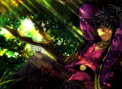  1boy black_hair green_eyes male nature ponytail raven_(tov) solo sunege tales_of_(series) tales_of_vesperia 