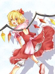  1girl adapted_costume backless blonde_hair bloomers blue_background bobby_socks capelet flandre_scarlet hair_ribbon hand_on_own_head highres munkunosakebi no_hat no_headwear open_mouth red_eyes ribbon running sash shadow short_hair side_ponytail skirt skirt_hold skirt_set socks solo touhou underwear wind_lift wings 