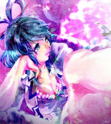  1girl arm_rest blue_eyes blue_hair breasts cleavage dress hair_rings hair_stick highres kaku_seiga lips m1kan smile solo touhou 