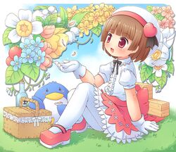  1girl bangs bird blunt_bangs blush bottle brown_hair flower gloves grass hat heart leaf mary_janes mizuno_mumomo momono_kokone original pantyhose penguin picnic picnic_basket puffy_short_sleeves puffy_sleeves red_eyes sake shoes short_hair short_sleeves sitting skirt solo spring_(season) vines white_legwear 