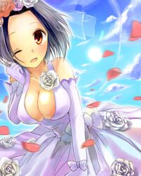  1girl ;d breasts brown_eyes cleavage dress elbow_gloves flower gloves idolmaster large_breasts miura_azusa okemai open_mouth petals rose short_hair smile solo veil wedding_dress wink 