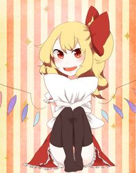  1girl black_legwear blonde_hair bloomers bow fang flandre_scarlet hair_bow monako_(uma_speech) open_mouth pillow pillow_hug red_eyes side_ponytail sitting smile solo sparkle striped striped_background thigh-highs touhou underwear vertical_stripes wings 