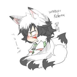  1girl animal_ears blush fang fox_ears fox_tail long_hair lowres original rebecca_(keinelove) silver_hair tail yellow_eyes 