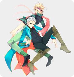  2boys blonde_hair blue_eyes caesar_anthonio_zeppeli crossover devil_may_cry facial_mark feathers green_jacket haine_(howling) headband highres jacket jojo_no_kimyou_na_bouken multiple_boys scarf short_hair vergil white_hair 