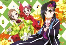  3girls absurdres accel_world black_hair brown_eyes brown_hair chopsticks detexted food highres japanese_clothes kouzuki_yuniko kurashima_chiyuri kuroyukihime megami mochi multiple_girls official_art open_mouth ponytail red_eyes redhead short_hair smile violet_eyes wagashi 