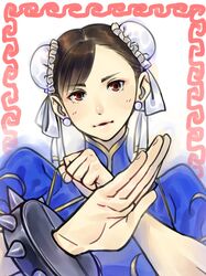  1girl black_hair bracelet brown_eyes bubuzuke bun_cover bust china_dress chinese_clothes chun-li double_bun earrings fighting_stance jewelry short_hair solo spiked_bracelet spikes street_fighter 