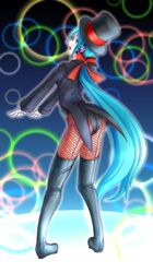  1girl aqua_eyes aqua_hair boots bow fishnet_pantyhose fishnets from_behind gloves hair_bow hat hatsune_miku headphones highres long_hair miracle_paint_(vocaloid) oonishi_shunsuke open_mouth pantyhose ponytail project_diva solo thigh-highs thigh_boots top_hat very_long_hair vocaloid 