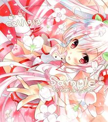  1girl blush cell1913 cherry food fruit hatsune_miku necktie nikuman open_mouth petals pink_hair red_eyes sample skirt solo thigh-highs vocaloid 