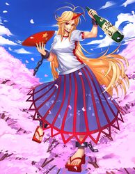  1girl blonde_hair bottle breasts chain cuffs female geta highres horn hoshiguma_yuugi large_breasts long_hair ogami red_eyes sakazuki sandals see-through shackle shirt solo touhou 