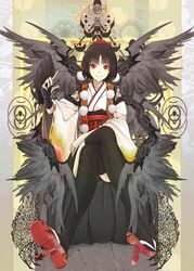  1girl bird bird_wings black_hair black_legwear black_wings cibo_(killy) crossed_legs crow detached_sleeves gauntlets geta hat hat_ribbon japanese_clothes long_sleeves looking_at_viewer obi red_eyes red_shoes ribbon sash shameimaru_aya shoes short_hair sitting smile solo thigh-highs tokin_hat touhou wide_sleeves wings zettai_ryouiki 