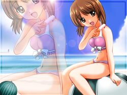  1girl ball beachball bikini blackjunk brown_eyes brown_hair food fruit girls_und_panzer highres nishizumi_miho popsicle short_hair sitting swimsuit watermelon zoom_layer 