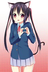  1girl animal_ears black_hair cat_ears heart heart_hands k-on! long_hair nakano_azusa red_eyes school_uniform tail tamaran twintails 