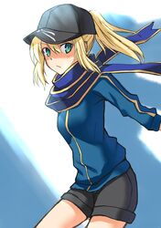  1girl baseball_cap blonde_hair blush fate/stay_night fate_(series) green_eyes hat heroine_x highres monoi_sakura ponytail saber scarf shorts solo type-moon 