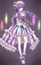  1girl adapted_costume book boots breasts cleavage crescent crystal detached_collar gloves gosledging hair_ribbon hat highres long_hair patchouli_knowledge purple_hair ribbon simple_background solo touhou 