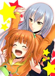  2girls ^_^ arms_behind_back brown_eyes closed_eyes frog hair_bobbles hair_ornament idolmaster idolmaster_cinderella_girls kirisaki_byakko long_hair multiple_girls open_mouth orange_hair silver_hair smile star takamine_noa takatsuki_yayoi twintails 