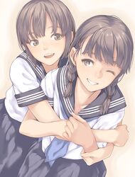  2girls brown_eyes brown_hair grin hair_ornament hairclip highres hug hug_from_behind kamo_(gafas) long_hair low_twintails multiple_girls open_mouth original school_uniform serafuku short_hair skirt smile teeth twintails wink 