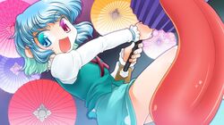  >:d 1girl :d blue_eyes blue_hair gradient_hair heterochromia mizuki_hitoshi multicolored_hair open_mouth red_eyes short_hair skirt smile solo tatara_kogasa tongue touhou umbrella 