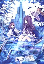  2girls alice_margatroid alternate_hairstyle bare_legs barefoot blue book building hat hat_removed headwear_removed kuroda light_smile multiple_girls patchouli_knowledge shanghai_doll sitting water 