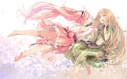  2girls bare_shoulders barefoot brown_eyes green_eyes hair_ribbon highres holding_hands interlocked_fingers japanese_clothes kote leaf long_hair multiple_girls navel open_mouth original petals pink_eyes pink_hair ponytail ribbon skirt smile supertie 