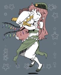  2girls ^_^ beret blonde_hair braid carrying closed_eyes dress flandre_scarlet hat hong_meiling hug multiple_girls onikobe_rin pants partially_colored redhead size_difference smile star touhou wings 