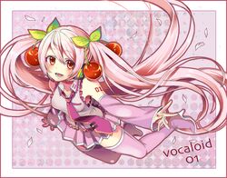  1girl boots cherry detached_sleeves food fruit hatsune_miku headset high_heels long_hair necktie okutani_toro open_mouth pink_hair red_eyes sakura_miku shoes skirt solo thigh-highs thigh_boots twintails very_long_hair vocaloid 