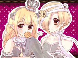  2girls :d animal_ears bandages black_dress blonde_hair brown_eyes candy crown detached_sleeves dress futaba_anzu hair_over_one_eye idolmaster idolmaster_cinderella_girls lollipop long_hair mero-n_usagisan multiple_girls open_mouth pointy_ears shirasaka_koume short_hair smile 