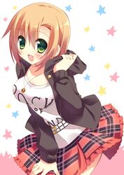  1girl :d belt blush breasts brown_hair green_eyes idolmaster idolmaster_cinderella_girls jewelry necklace open_mouth plaid plaid_skirt sakura_yuzuna short_hair skirt smile solo tada_riina 