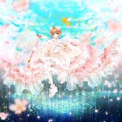  1girl brown_hair cardcaptor_sakura cherry_blossoms dress flower fuuin_no_tsue gloves green_eyes highres kero kinomoto_sakura magic_circle magical_girl petals short_hair wand water yamamo_tomoe 